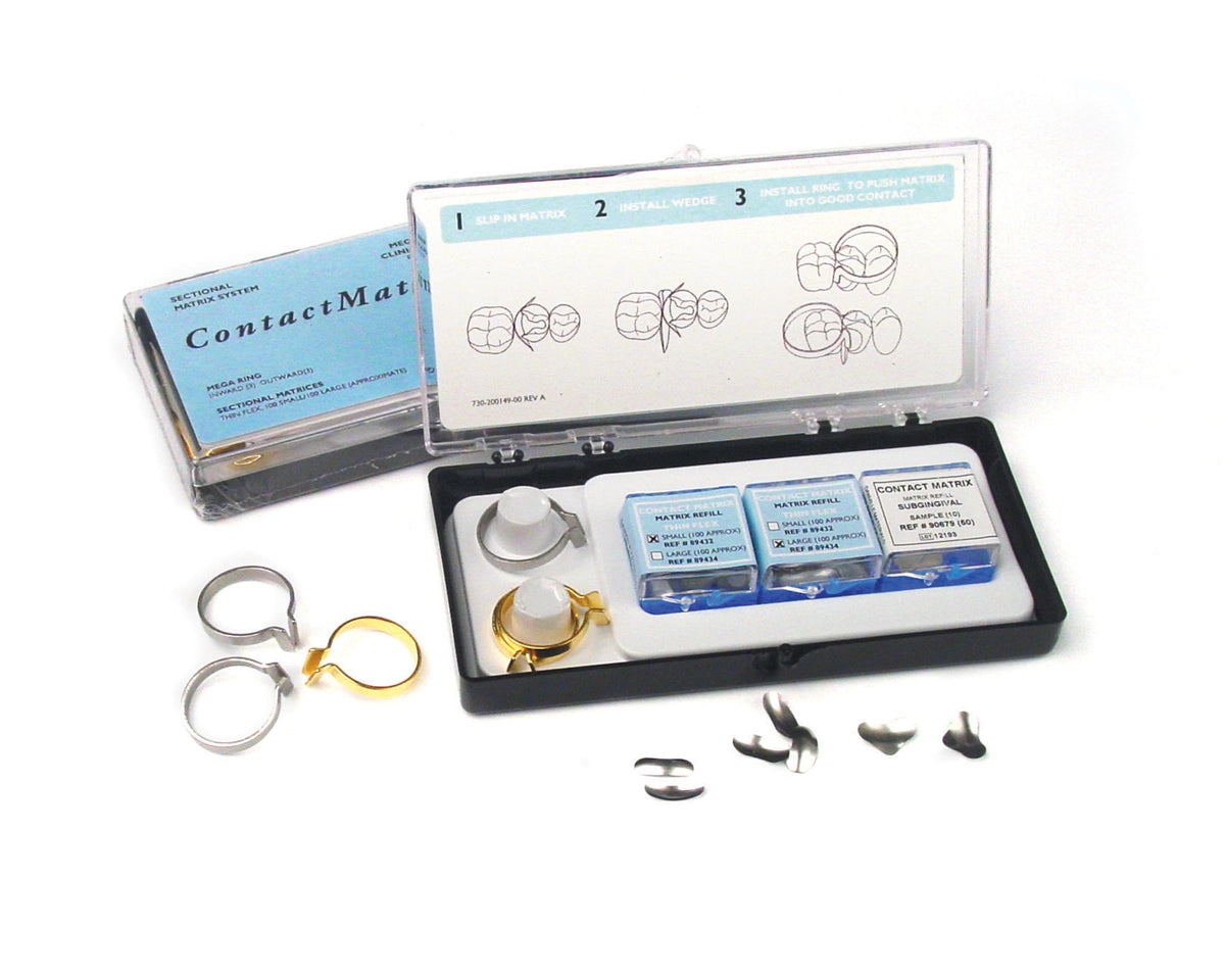 Contact Matrix Clinical Kit 
6 Contact Rings (3 Inward, 3 Outward), 200 Thin Flex Matrices (100 each: small and large)
