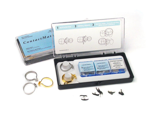 Contact Matrix Clinical Kit 
6 Contact Rings (3 Inward, 3 Outward), 200 Thin Flex Matrices (100 each: small and large)