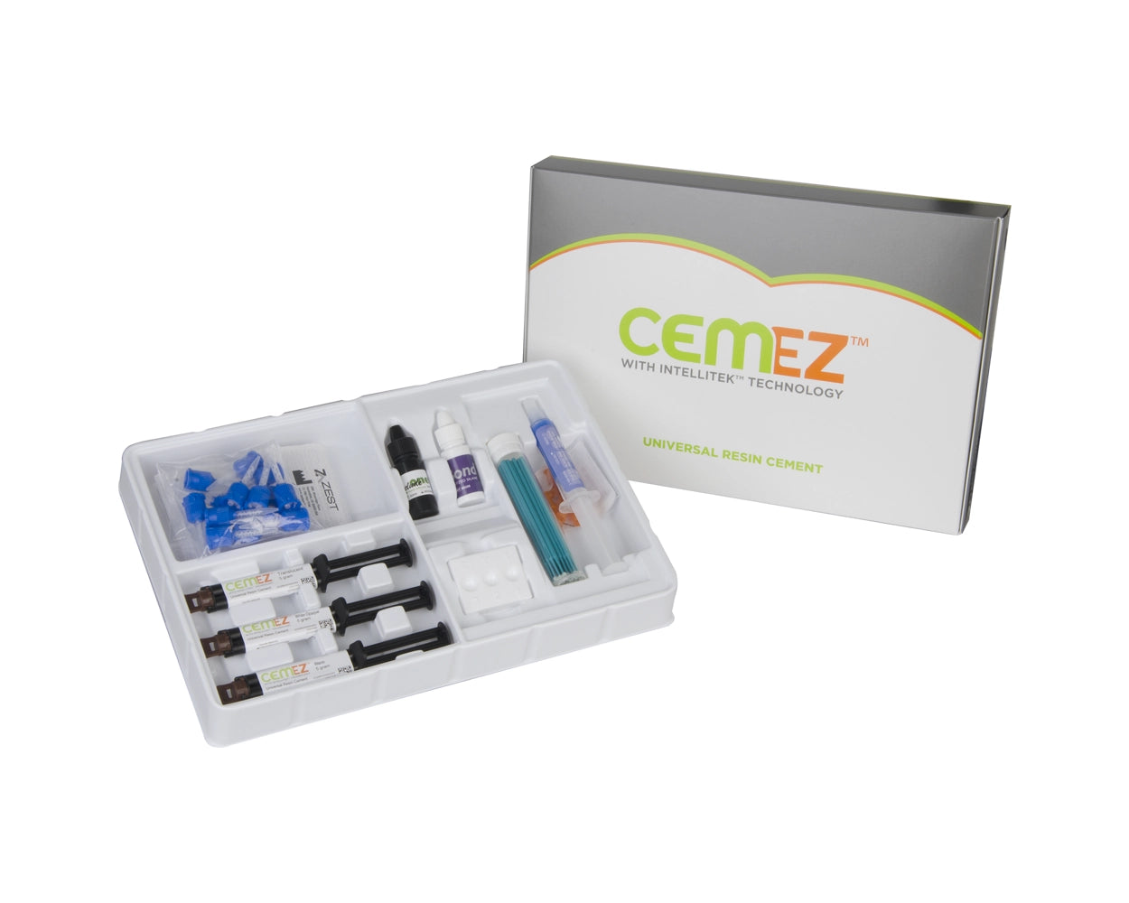 Cem EZ Starter Kit 
3 Syringes (5 gm ea.) -- Translucent, Warm, White Opaque -- 24 Automix Tips, Sure Etch Gel (5 ml), 12 Etch Tips, Prelude One (5 ml), S-Bond (5 ml), 40 Applicator Brushes, 1 Reusable Well