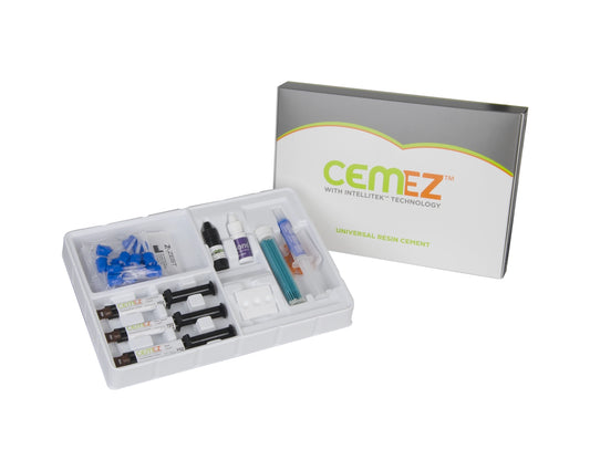 Cem EZ Starter Kit 
3 Syringes (5 gm ea.) -- Translucent, Warm, White Opaque -- 24 Automix Tips, Sure Etch Gel (5 ml), 12 Etch Tips, Prelude One (5 ml), S-Bond (5 ml), 40 Applicator Brushes, 1 Reusable Well