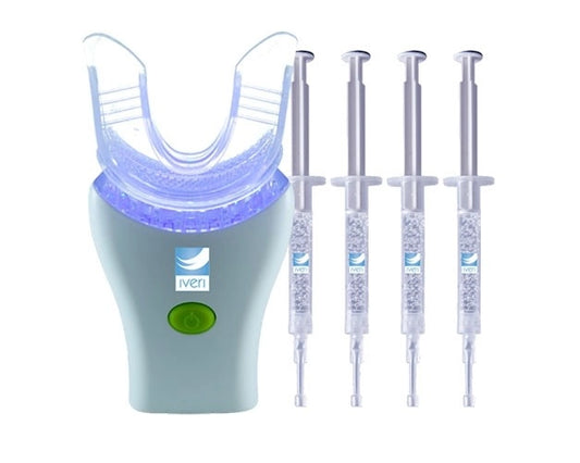 Iveri Speed
1 LED light w/attachable tray, 4 Carbamide Peroxide (35%) Syringes (3.5 ml), Shade Chart